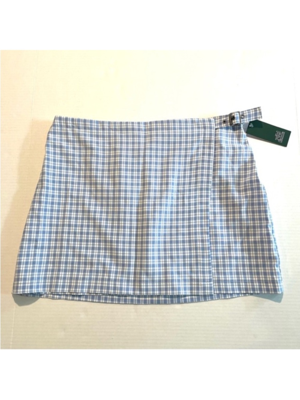 Mini Wrap‎ Skirt Plaid White Blue Buckle Waistband Preppy Women's size L NWT